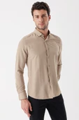 Bej Uzun Kollu Çizgili Gofreli Cepsiz Klasik Slim Fit Dar Kesim Gömlek 1004230233 thumbnail 5