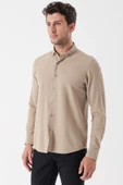 Bej Uzun Kollu Çizgili Gofreli Cepsiz Klasik Slim Fit Dar Kesim Gömlek 1004230233 thumbnail 3