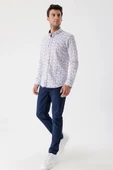 Ekru Uzun Kollu Baskılı Bez Ayağı Cepsiz Garnili Klasik Slim Fit Dar Kesim Gömlek 1004230228 - 4