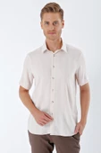 Bej Kısa Kollu Desenli Armürlü Sert Yaka Cepsiz Klasik Comfort Fit Gömlek 1004230204 thumbnail 3