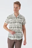 Koyu Haki Kısa Kollu Baskılı Apaş Yaka Cepsiz %100 Pamuk Casual Comfort Fit Gömlek 1004230160 thumbnail 4