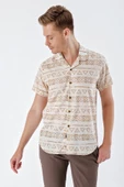 Bej Kısa Kollu Baskılı Apaş Yaka Cepsiz %100 Pamuk Casual Comfort Fit Gömlek 1004230160 thumbnail 5