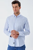 Koyu Mavi Uzun Kollu Kareli Düğmeli Yaka Cepsiz Pamuklu Klasik Slim Fit Dar Kesim Gömlek 1004230163 thumbnail 3