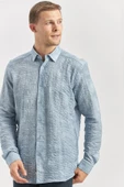 Koyu Mavi Uzun Kollu Baskılı Gofreli Cepsiz Pamuklu Likralı Slim Fit Gömlek 1004240100 - 2