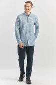 Koyu Mavi Uzun Kollu Baskılı Gofreli Cepsiz Pamuklu Likralı Slim Fit Gömlek 1004240100 - 4