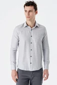 Gri Uzun Kollu Desenli Armürlü Sert Yaka Cepsiz Pamuklu Slim Fit Dar Kesim Gömlek 1004235168 thumbnail 3