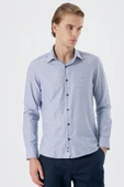 Koyu Lacivert Uzun Kollu Armürlü Cepsiz Pamuklu Slim Fit Gömlek 1004235168 - 3
