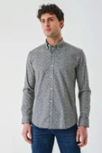 Koyu Lacivert Uzun Kollu Baskılı Cepsiz Biyeli Pamuklu Likralı Slim Fit Gömlek 1004240141 - 3