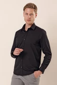 Siyah Uzun Kollu Armürlü Cepsiz Pamuklu Likralı Slim Fit Dar Kesim Gömlek 1004240193 thumbnail 3