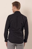 Siyah Uzun Kollu Armürlü Cepsiz Pamuklu Likralı Slim Fit Dar Kesim Gömlek 1004240193 thumbnail 5