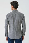 Koyu Lacivert Uzun Kollu Baskılı Cepsiz Biyeli Pamuklu Likralı Slim Fit Gömlek 1004240141 - 2