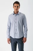 Gri Uzun Kollu Armürlü Cepsiz Pamuklu Likralı Slim Fit Dar Kesim Gömlek 1004240193 - 1