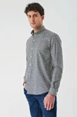 Koyu Lacivert Uzun Kollu Baskılı Cepsiz Biyeli Pamuklu Likralı Slim Fit Gömlek 1004240141 - 4