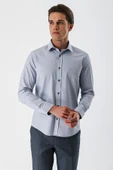 Gri Uzun Kollu Armürlü Cepsiz Pamuklu Likralı Slim Fit Dar Kesim Gömlek 1004240193 - 3
