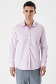 Pembe Uzun Kollu Armürlü Cepsiz Pamuklu Likralı Slim Fit Dar Kesim Gömlek 1004240193 thumbnail 5