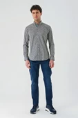 Koyu Lacivert Uzun Kollu Baskılı Cepsiz Biyeli Pamuklu Likralı Slim Fit Gömlek 1004240141 - 5