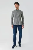 Koyu Lacivert Uzun Kollu Baskılı Cepsiz Biyeli Pamuklu Likralı Slim Fit Gömlek 1004240141 - 6