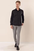 Siyah Uzun Kollu Armürlü Cepsiz Pamuklu Likralı Slim Fit Dar Kesim Gömlek 1004240193 thumbnail 2