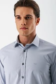 Gri Uzun Kollu Armürlü Cepsiz Pamuklu Likralı Slim Fit Dar Kesim Gömlek 1004240193 - 5