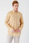 Hardal Uzun Kollu Cepsiz Biyeli %100 Keten Klasik Comfort Fit Rahat Kesim Gömlek 1004240186 thumbnail 3