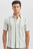 Koyu Yeşil Kısa Kollu Çizgili Armürlü Pamuklu Casual Slim Fit Dar Kesim Gömlek 1004240243 thumbnail 4