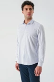 Beyaz Uzun Kollu Çizgili Armürlü Cepsiz Pamuklu Klasik Slim Fit Dar Kesim Gömlek 1004240229 thumbnail 3