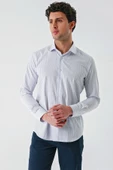 Beyaz Uzun Kollu Çizgili Armürlü Cepsiz Pamuklu Klasik Slim Fit Dar Kesim Gömlek 1004240229 thumbnail 2