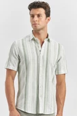 Koyu Yeşil Kısa Kollu Çizgili Armürlü Pamuklu Casual Slim Fit Dar Kesim Gömlek 1004240243 thumbnail 2