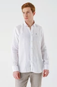 Beyaz Uzun Kollu Cepsiz Biyeli %100 Keten Klasik Comfort Fit Rahat Kesim Gömlek 1004240186 thumbnail 3