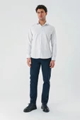 Bej Uzun Kollu Desenli Armürlü Cepsiz Pamuklu Klasik Slim Fit Dar Kesim Gömlek 1004240189 - 5