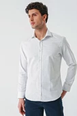 Bej Uzun Kollu Desenli Armürlü Cepsiz Pamuklu Klasik Slim Fit Dar Kesim Gömlek 1004240189 - 2