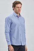 Mavi Uzun Kollu Bez Ayağı Sert Yaka Cepsiz Pamuklu Klasik Slim Fit Dar Kesim Gömlek 1004240230 thumbnail 3