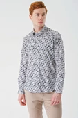 Açık Bej Uzun Kollu Baskılı Garnili Pamuklu Casual Slim Fit Dar Kesim Gömlek 1004240211 thumbnail 1