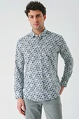 Su Yeşili Uzun Kollu Baskılı Garnili Pamuklu Casual Slim Fit Dar Kesim Gömlek 1004240211 thumbnail 1