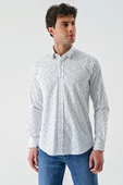 Beyaz Uzun Kollu Baskılı Biritli Yaka Cepsiz Pamuklu Klasik Slim Fit Dar Kesim Gömlek 1004240216 thumbnail 4
