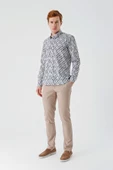 Açık Bej Uzun Kollu Baskılı Garnili Pamuklu Casual Slim Fit Dar Kesim Gömlek 1004240211 thumbnail 4
