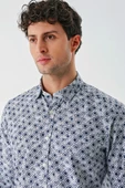 Koyu Mavi Uzun Kollu Baskılı Garnili Pamuklu Casual Slim Fit Dar Kesim Gömlek 1004240211 thumbnail 6