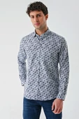 Koyu Mavi Uzun Kollu Baskılı Garnili Pamuklu Casual Slim Fit Dar Kesim Gömlek 1004240211 thumbnail 3