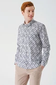 Açık Bej Uzun Kollu Baskılı Garnili Pamuklu Casual Slim Fit Dar Kesim Gömlek 1004240211 thumbnail 2