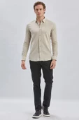 Bej Uzun Kollu Biritli Yaka Biyeli Pamuklu Likralı Casual Slim Fit Dar Kesim Gömlek 1004240232 thumbnail 1