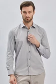 Gri Uzun Kollu Sert Yaka Cepsiz Pamuklu Likralı Klasik Slim Fit Dar Kesim Gömlek 1004240234 - 2