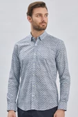 Koyu Lacivert Uzun Kollu Baskılı Biritli Yaka Cepsiz Pamuklu Klasik Slim Fit Gömlek 1004240213 - 3