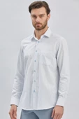 Beyaz Uzun Kollu Ekoseli Sert Yaka Cepli Pamuklu Klasik Comfort Fit Rahat Kesim Gömlek 1004240223 - 4