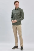 Koyu Haki Uzun Kollu Biritli Yaka Biyeli Pamuklu Likralı Casual Slim Fit Gömlek 1004240232 thumbnail 1