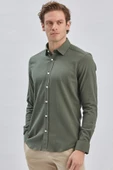 Koyu Haki Uzun Kollu Biritli Yaka Biyeli Pamuklu Likralı Casual Slim Fit Gömlek 1004240232 thumbnail 3