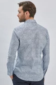 Koyu Lacivert Uzun Kollu Baskılı Biritli Yaka Cepsiz Pamuklu Klasik Slim Fit Gömlek 1004240213 - 5
