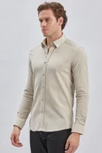 Bej Uzun Kollu Biritli Yaka Biyeli Pamuklu Likralı Casual Slim Fit Dar Kesim Gömlek 1004240232 thumbnail 2