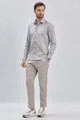 Gri Uzun Kollu Sert Yaka Cepsiz Pamuklu Likralı Klasik Slim Fit Dar Kesim Gömlek 1004240234 - 1