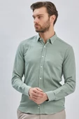 Açık Yeşil Uzun Kollu Biritli Yaka Biyeli Pamuklu Likralı Casual Slim Fit Gömlek 1004240232 - 2
