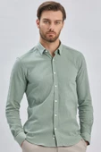 Açık Yeşil Uzun Kollu Biritli Yaka Biyeli Pamuklu Likralı Casual Slim Fit Gömlek 1004240232 - 3